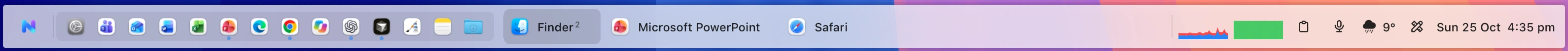 NewBar taskbar with app names, favourite apps, live system graphs, weather and the clock